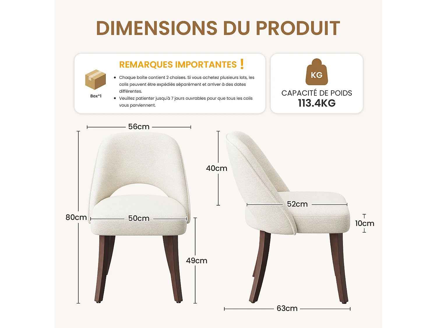 Lot de 2 Chaises de Salle à Manger avec Pieds en Bois Massif, Assise Rembourrée et Dossier Ergonomique Courbé, Beige