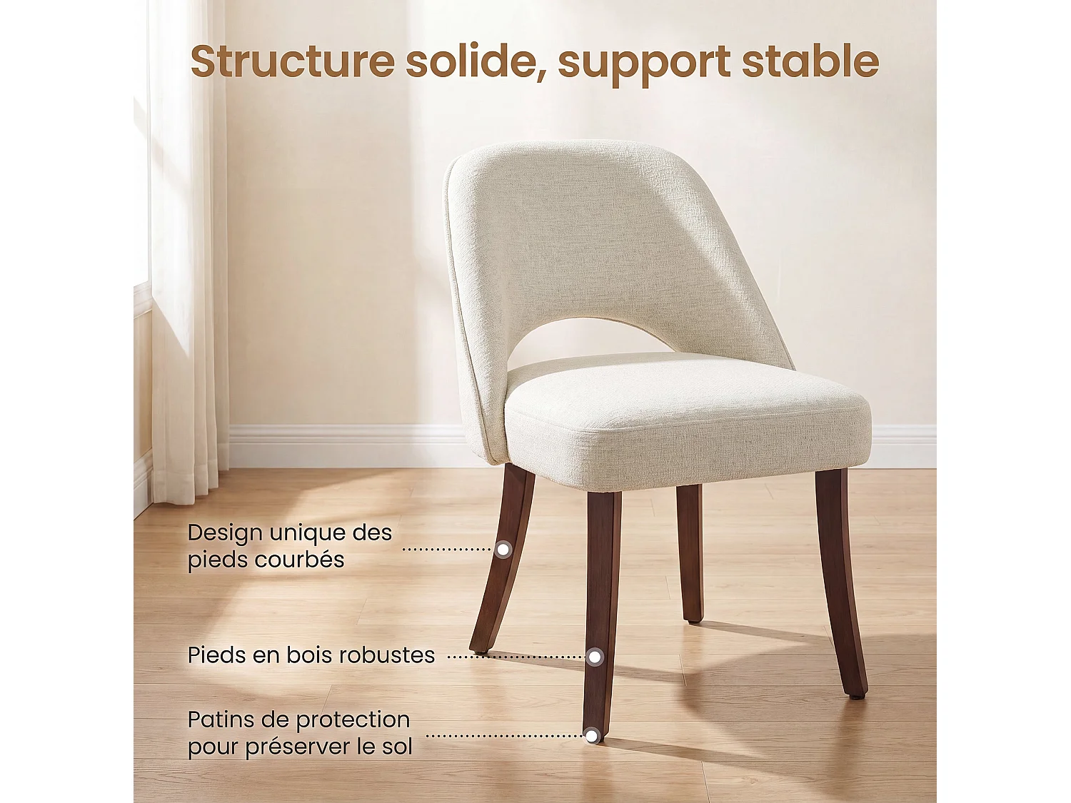 Lot de 2 Chaises de Salle à Manger avec Pieds en Bois Massif, Assise Rembourrée et Dossier Ergonomique Courbé, Beige