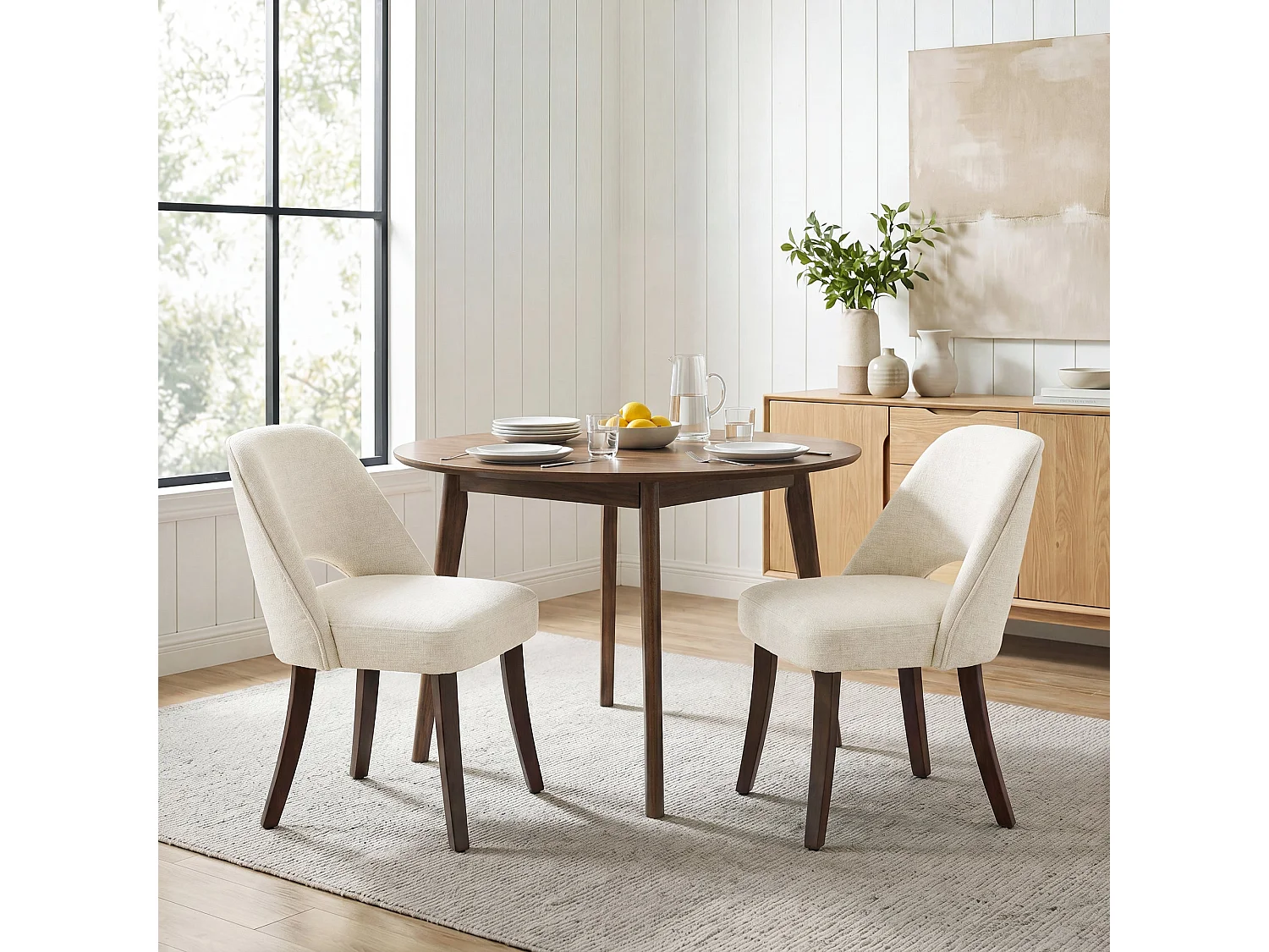 Lot de 2 Chaises de Salle à Manger avec Pieds en Bois Massif, Assise Rembourrée et Dossier Ergonomique Courbé, Beige