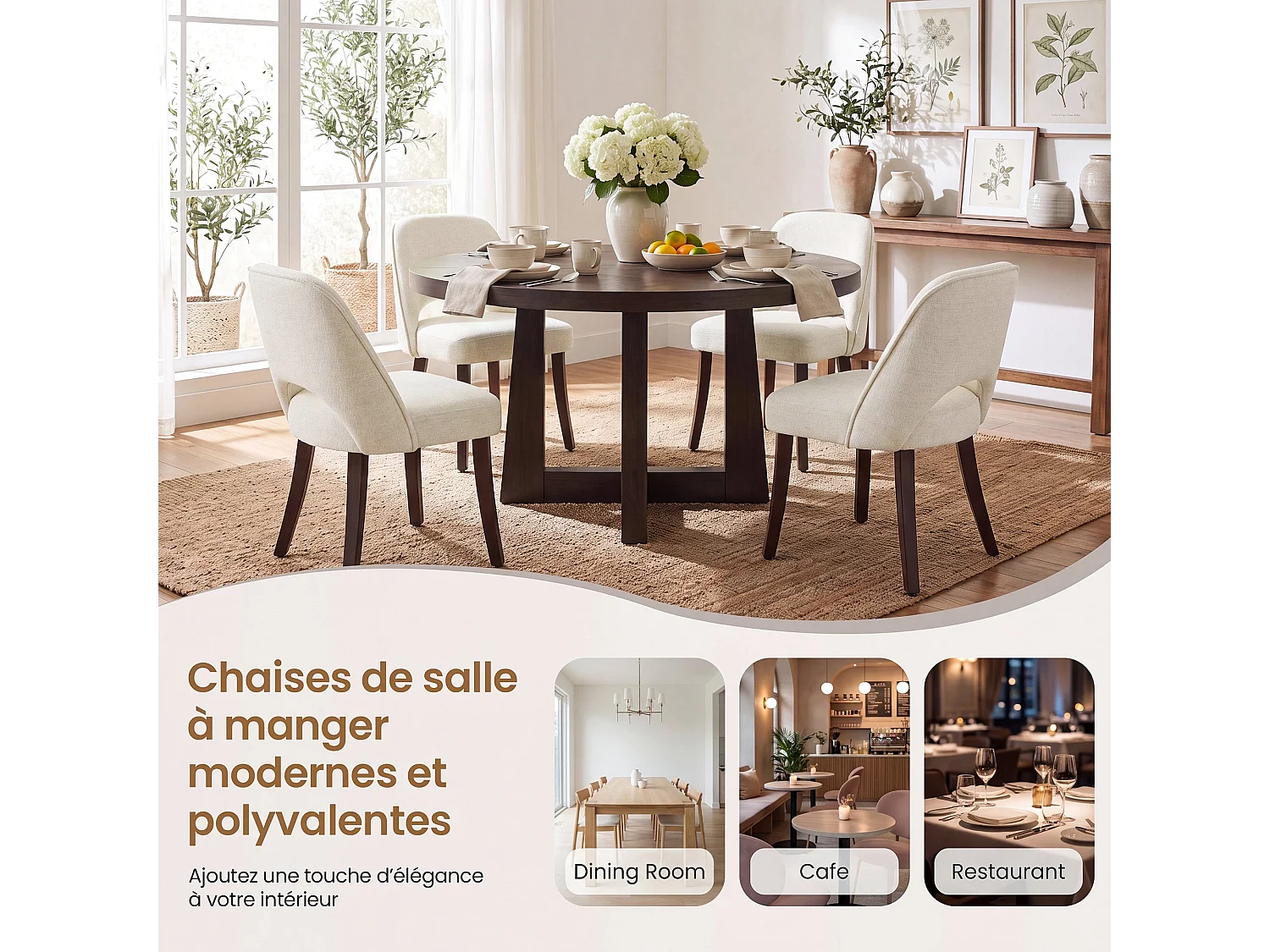 Lot de 2 Chaises de Salle à Manger avec Pieds en Bois Massif, Assise Rembourrée et Dossier Ergonomique Courbé, Beige