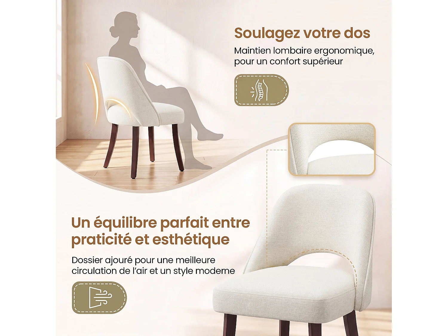Lot de 2 Chaises de Salle à Manger avec Pieds en Bois Massif, Assise Rembourrée et Dossier Ergonomique Courbé, Beige