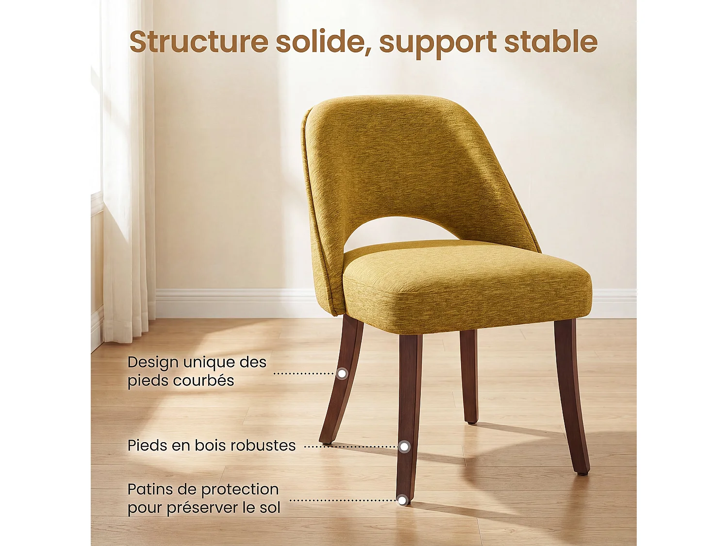 Lot de 2 Chaises de Salle à Manger avec Pieds en Bois Massif, Assise Rembourrée et Dossier Ergonomique Courbé, Jaune