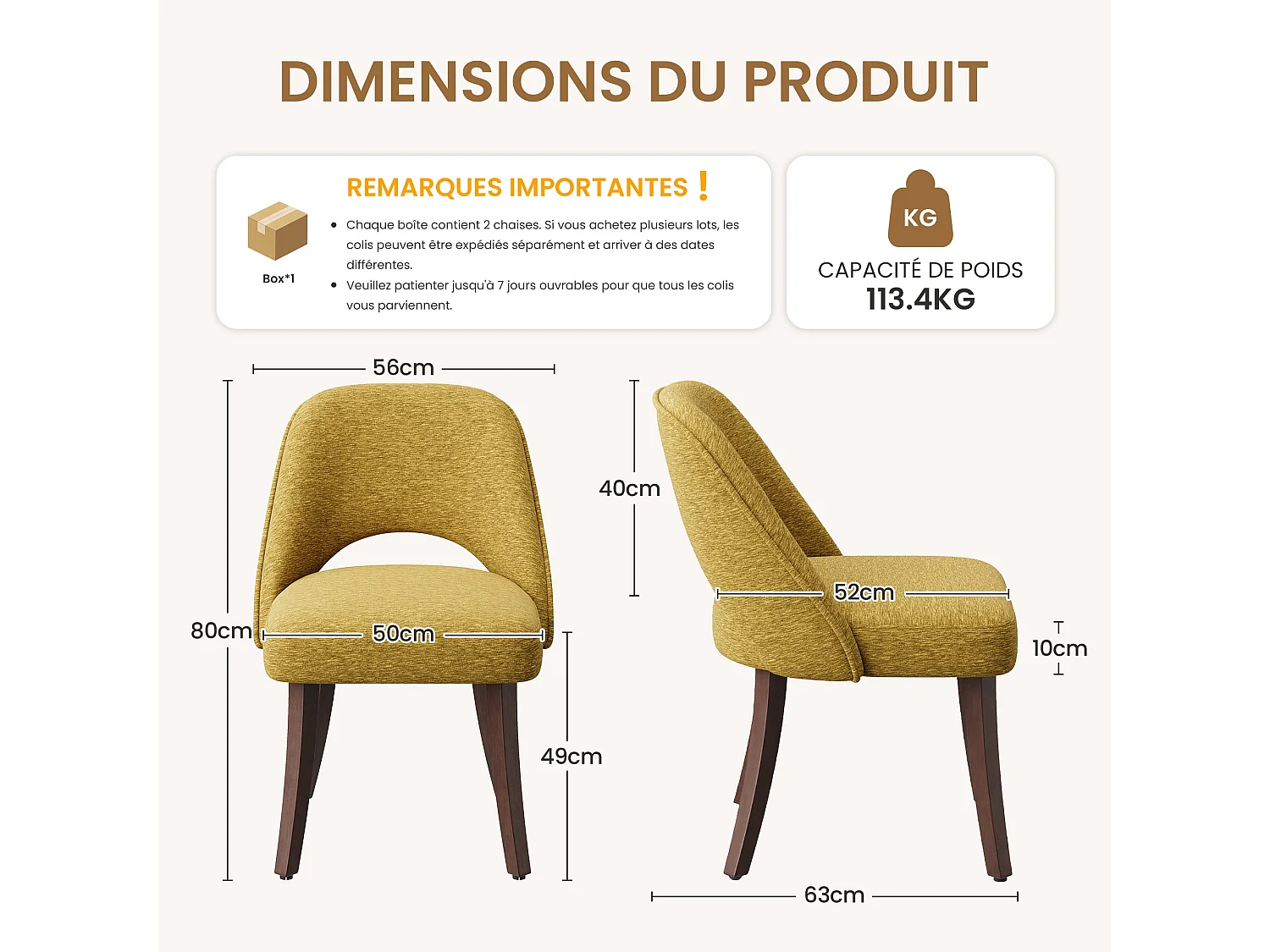 Lot de 2 Chaises de Salle à Manger avec Pieds en Bois Massif, Assise Rembourrée et Dossier Ergonomique Courbé, Jaune