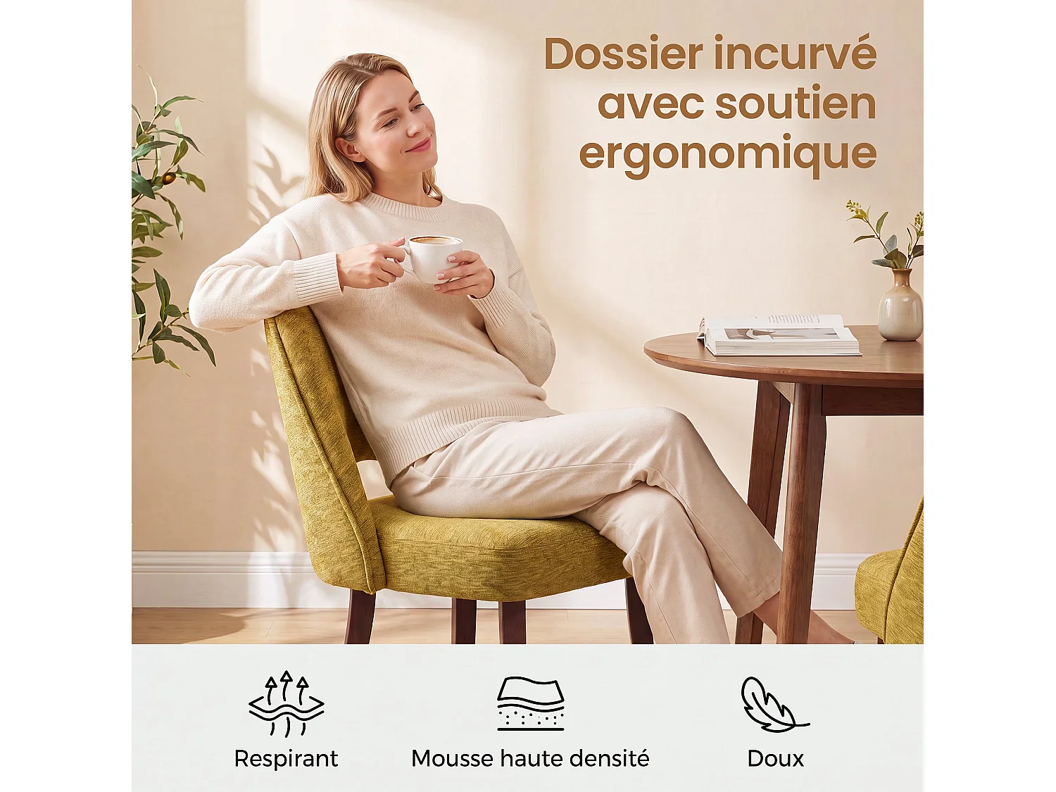 Lot de 2 Chaises de Salle à Manger avec Pieds en Bois Massif, Assise Rembourrée et Dossier Ergonomique Courbé, Jaune