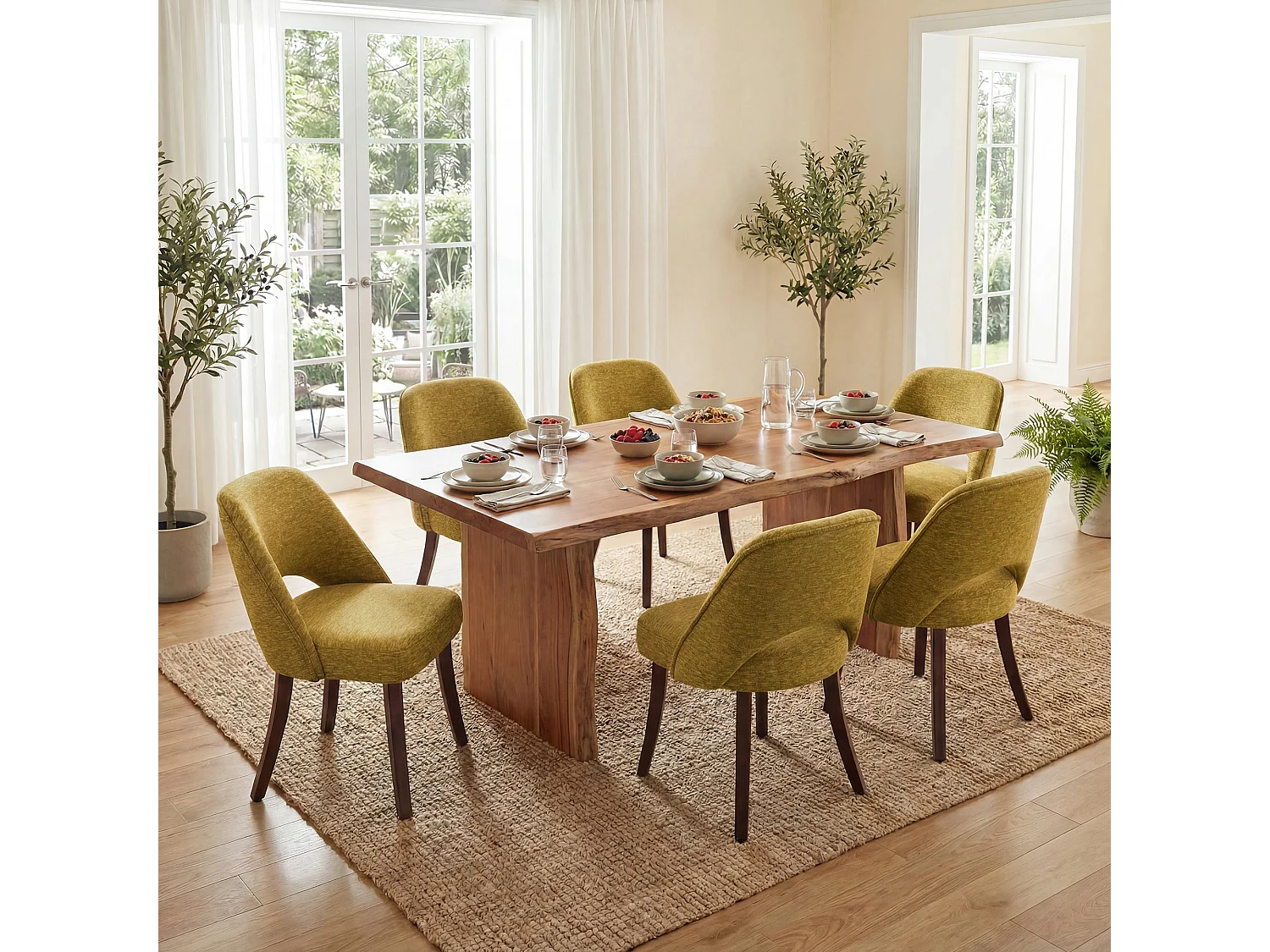 Lot de 2 Chaises de Salle à Manger avec Pieds en Bois Massif, Assise Rembourrée et Dossier Ergonomique Courbé, Jaune