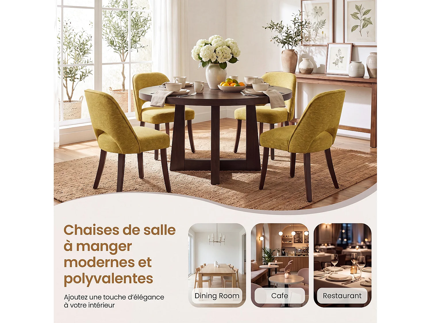 Lot de 2 Chaises de Salle à Manger avec Pieds en Bois Massif, Assise Rembourrée et Dossier Ergonomique Courbé, Jaune
