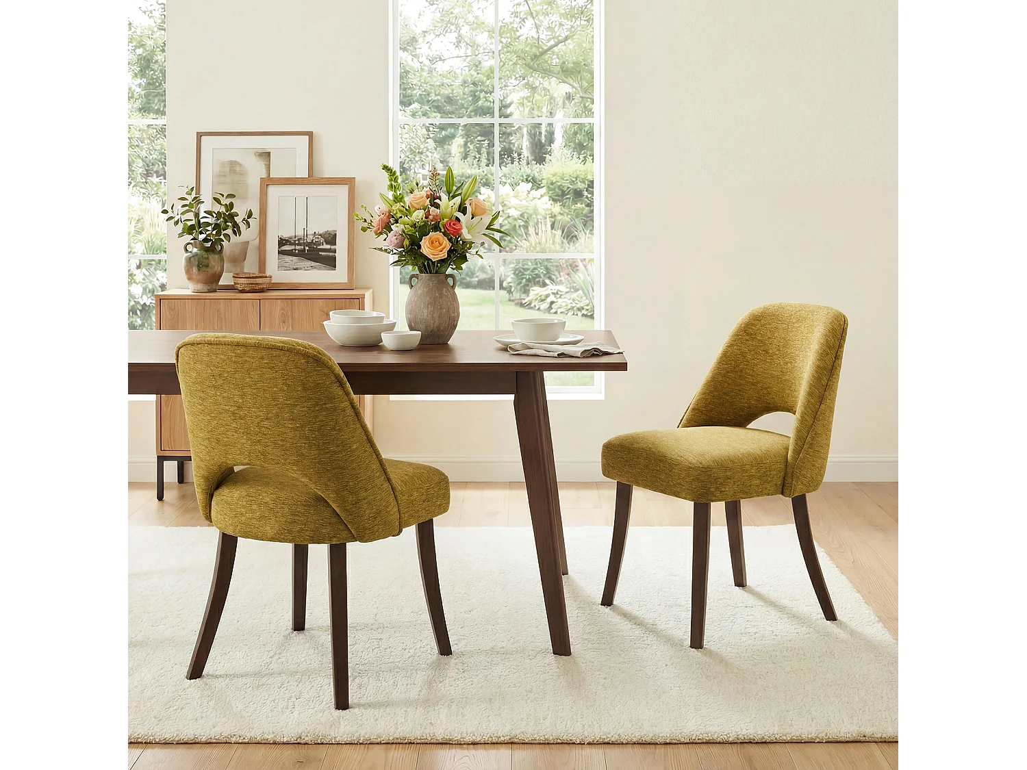 Lot de 2 Chaises de Salle à Manger avec Pieds en Bois Massif, Assise Rembourrée et Dossier Ergonomique Courbé, Jaune