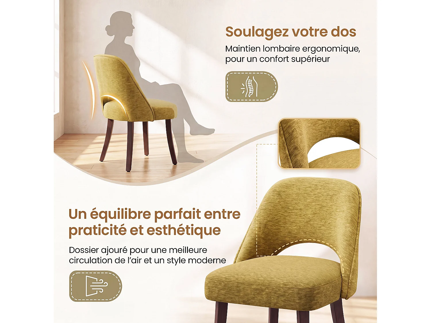 Lot de 2 Chaises de Salle à Manger avec Pieds en Bois Massif, Assise Rembourrée et Dossier Ergonomique Courbé, Jaune