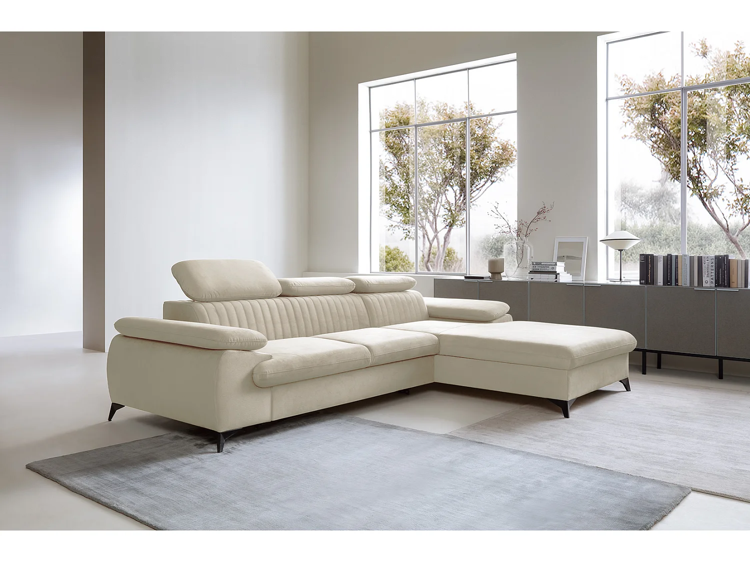 Canapé d'angle avec appuie-têtes réglables Xanto M, 280x193 cm, convertible, coffre de rangement, droite, Crème