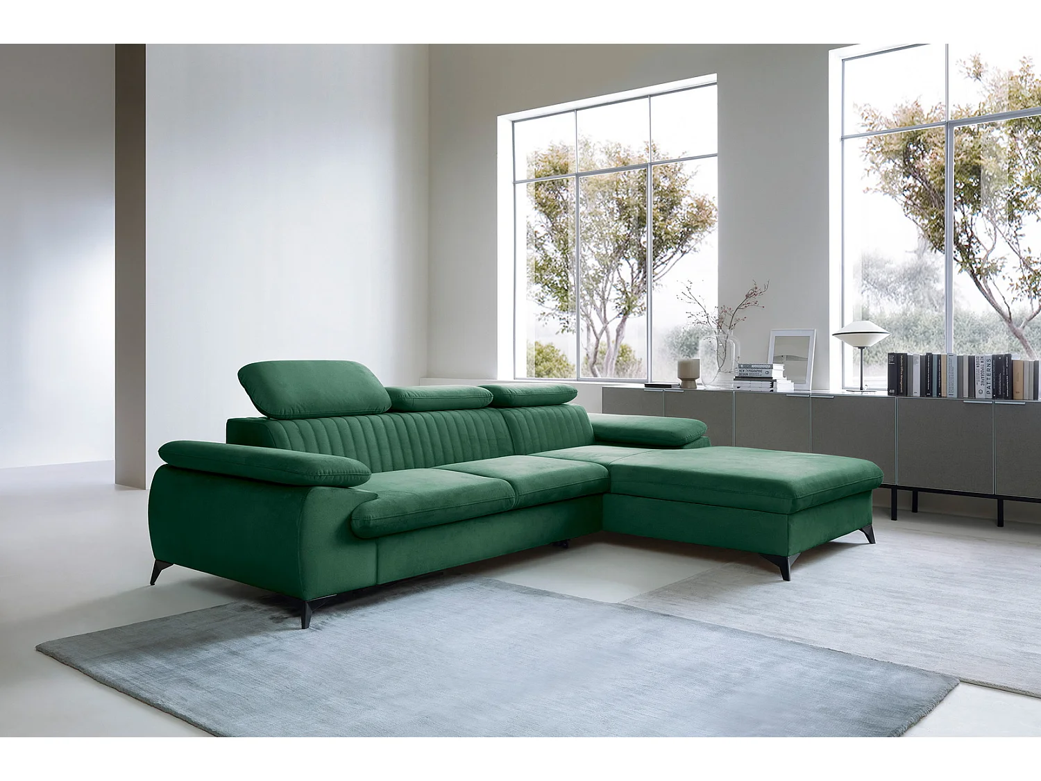 Canapé d'angle avec appuie-têtes réglables Xanto M, 280x193 cm, convertible, coffre de rangement, droite, Vert