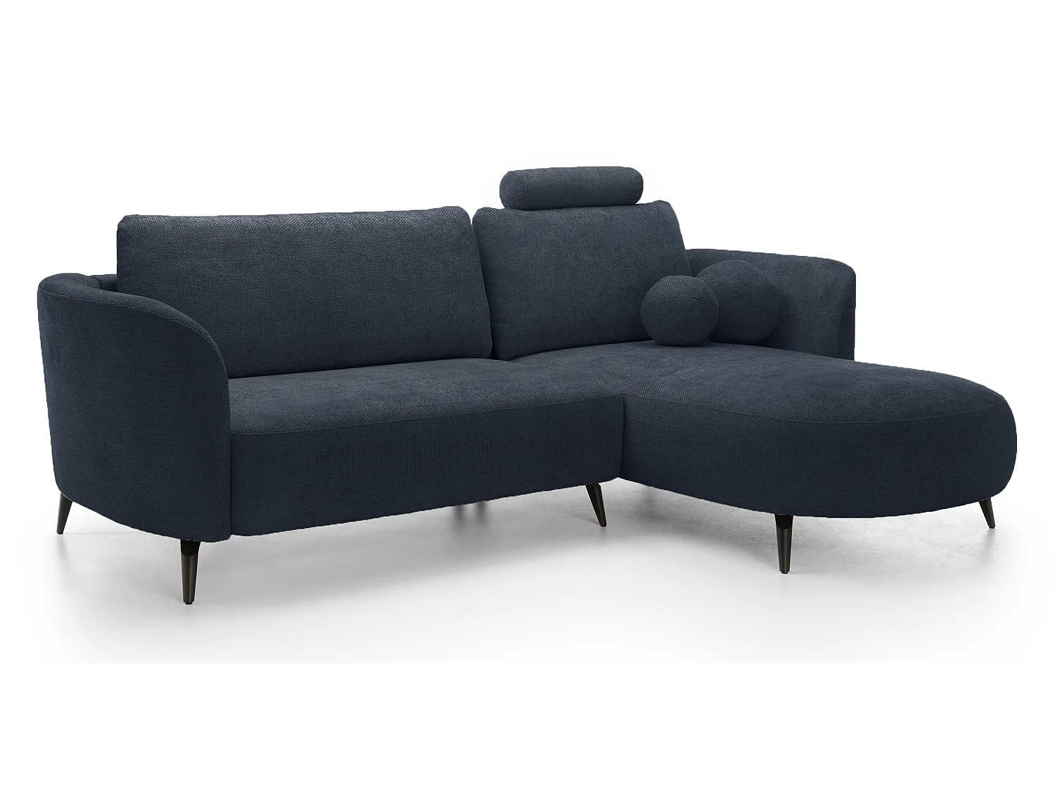 Canapé d'angle convertible 260 cm Kendra sur pieds de 15 cm, coffre de rangement, poufs boules, droite, Bleu