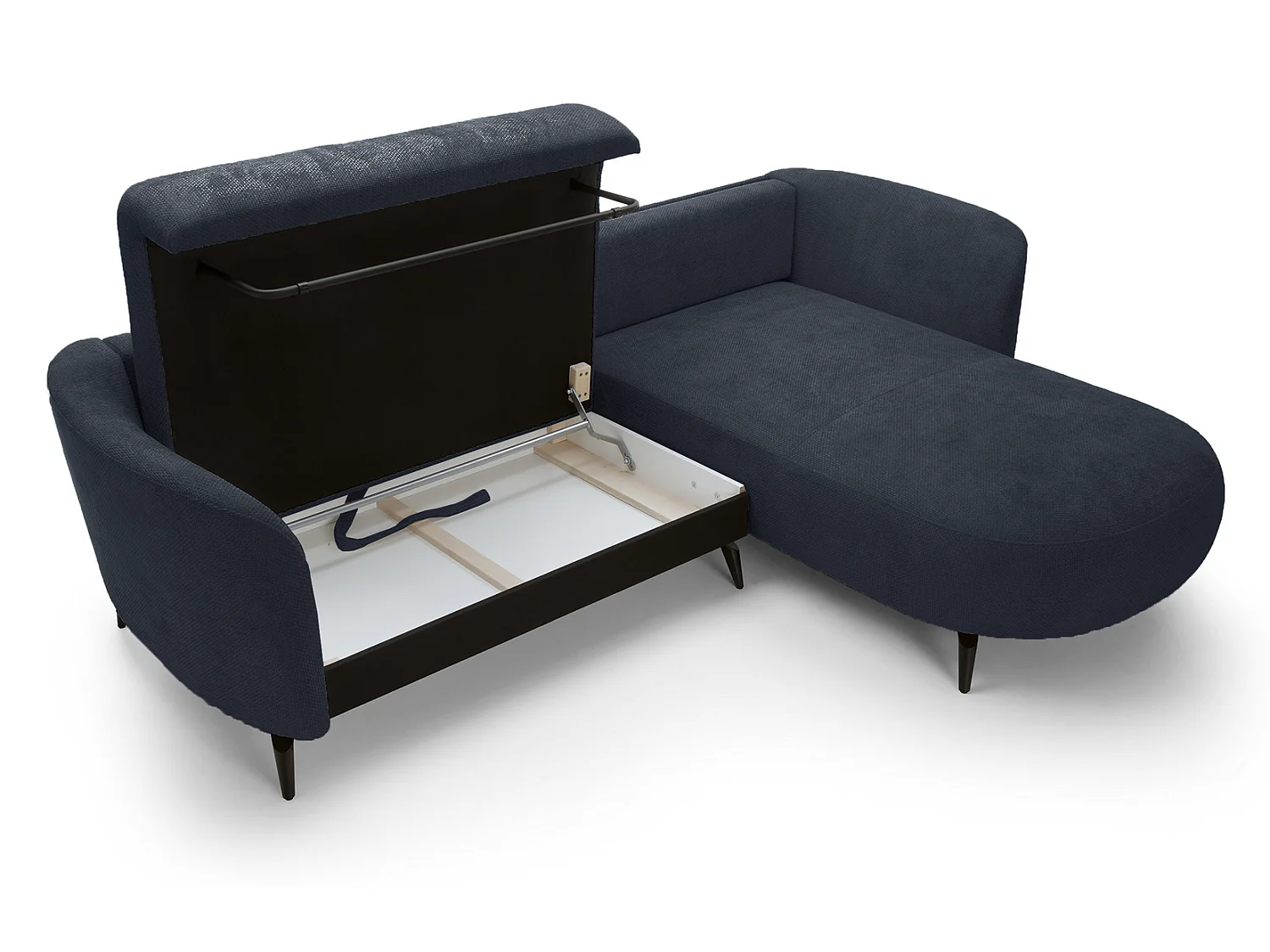 Canapé d'angle convertible 260 cm Kendra sur pieds de 15 cm, coffre de rangement, poufs boules, droite, Bleu