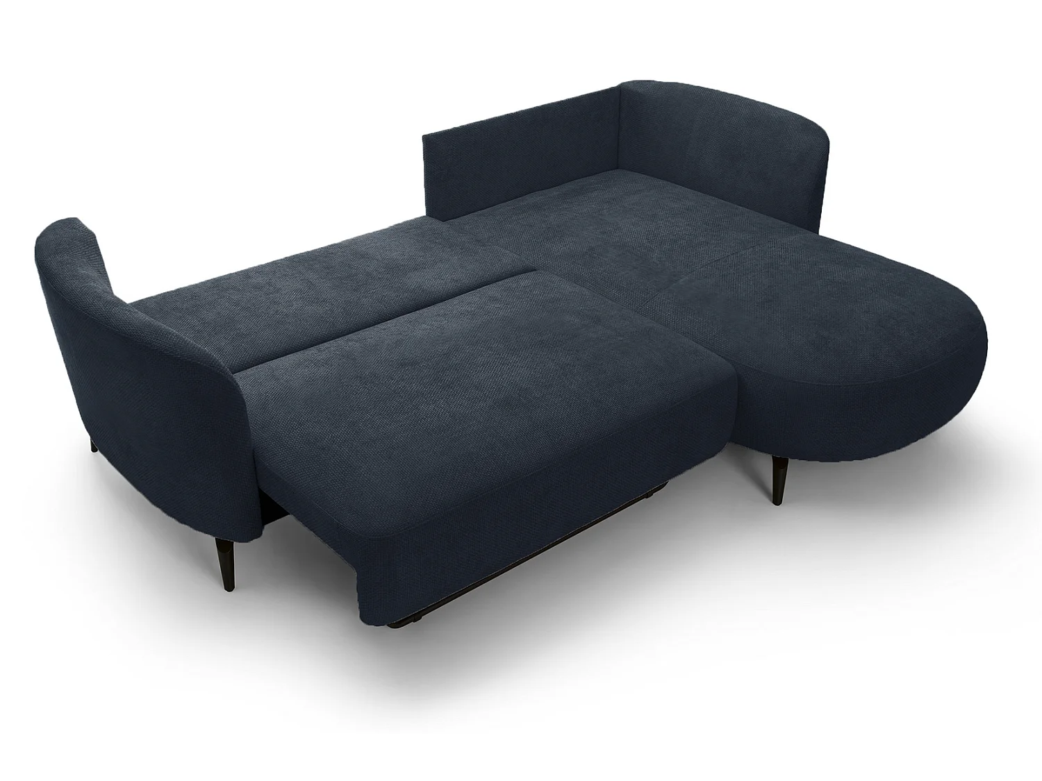 Canapé d'angle convertible 260 cm Kendra sur pieds de 15 cm, coffre de rangement, poufs boules, droite, Bleu