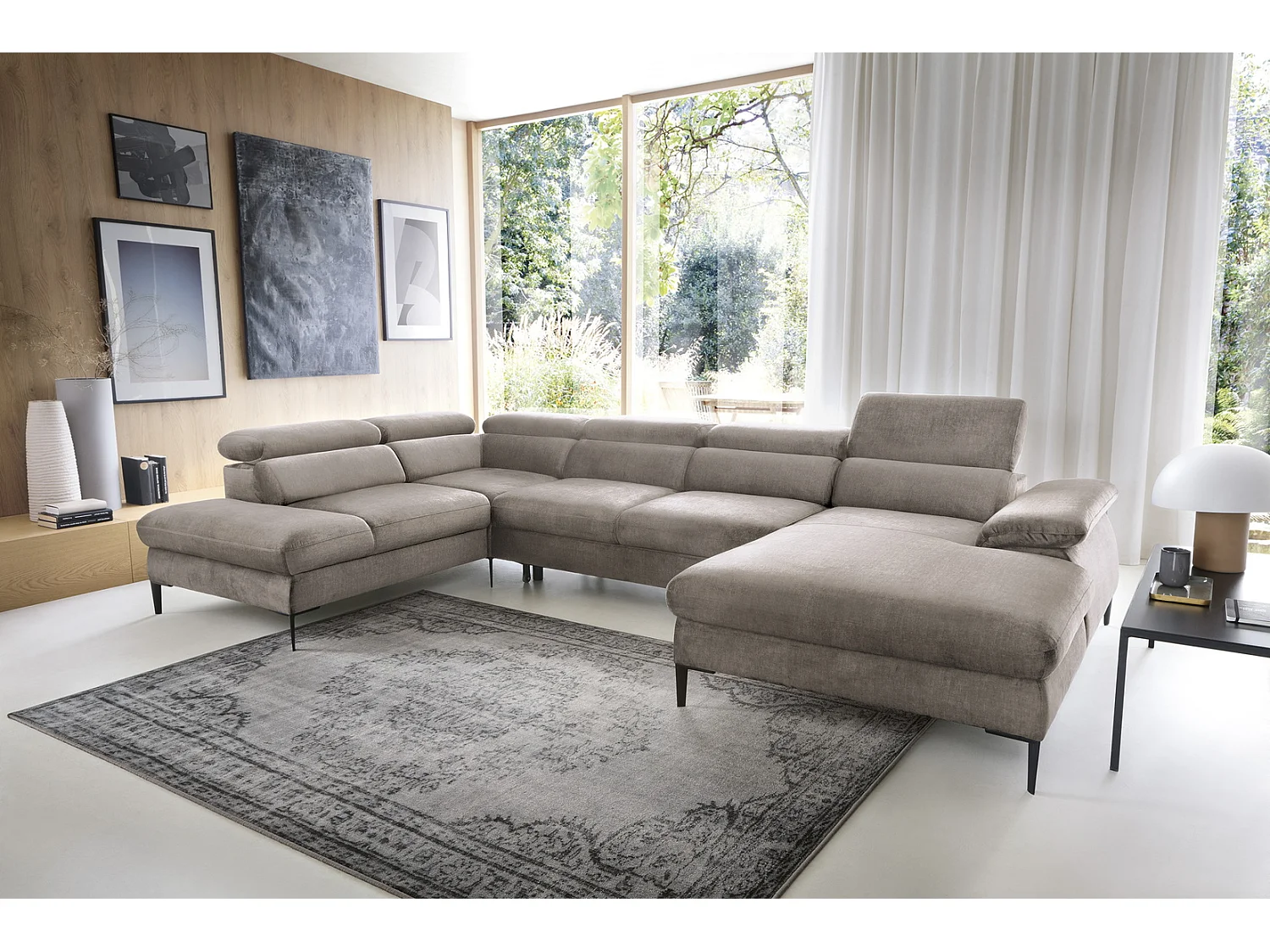 Canapé d'angle en U convertible 350 cm Amaro, tissu velours, têtières réglables - coffre, droite, Beige foncé