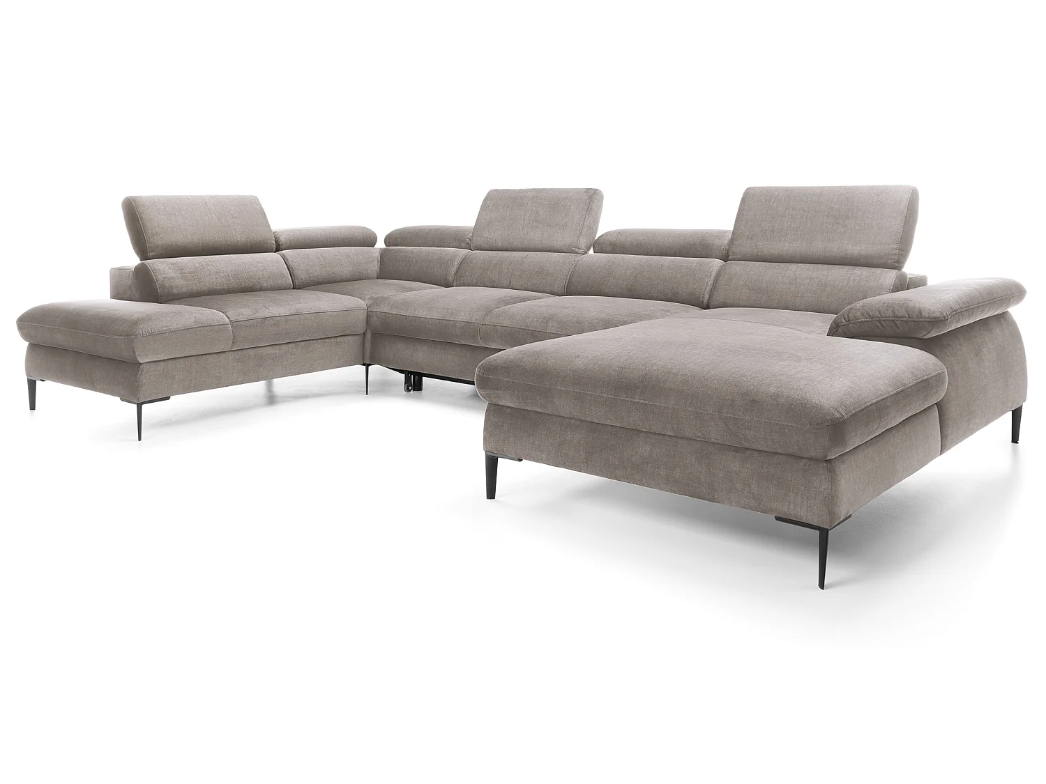 Canapé d'angle en U convertible 350 cm Amaro, tissu velours, têtières réglables - coffre, droite, Beige foncé