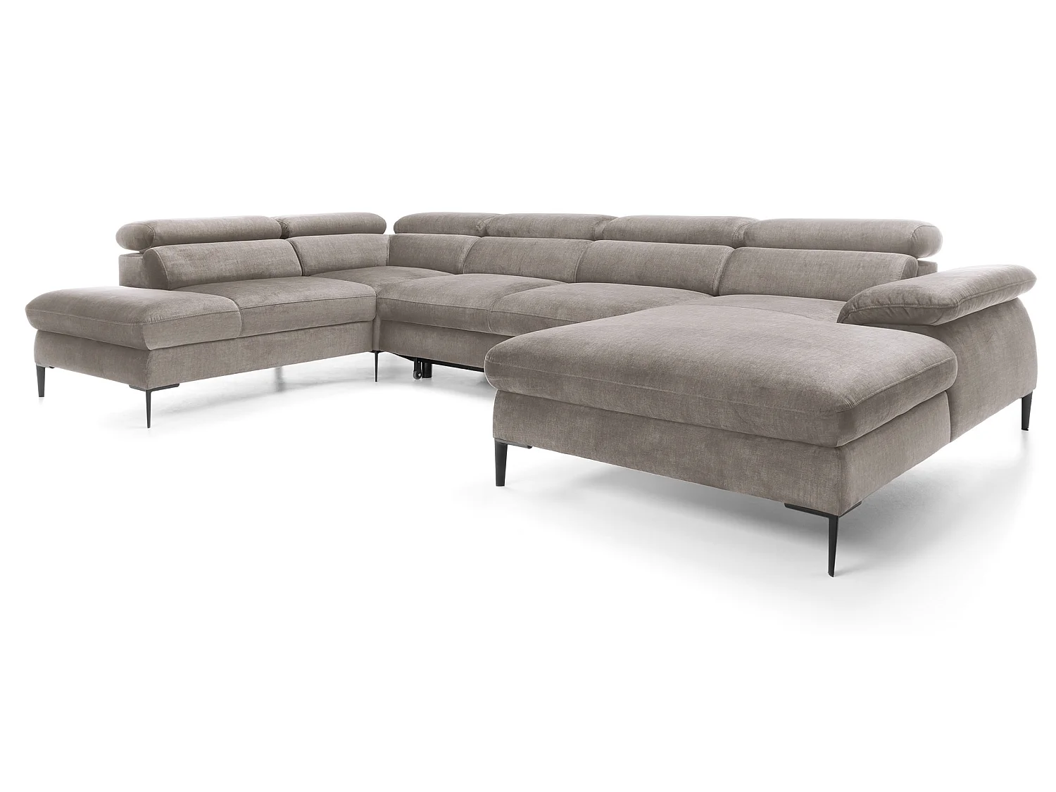 Canapé d'angle en U convertible 350 cm Amaro, tissu velours, têtières réglables - coffre, droite, Beige foncé
