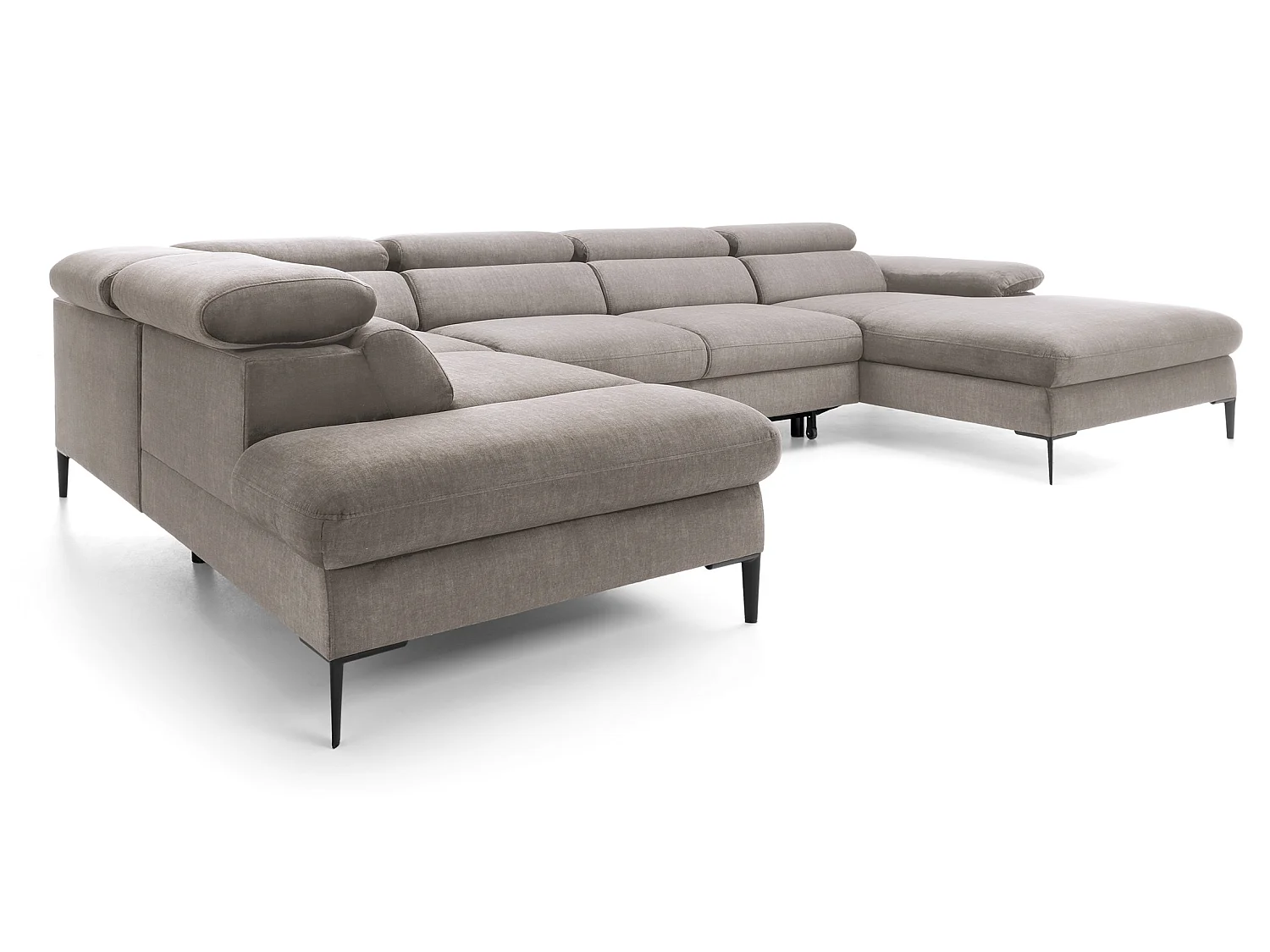 Canapé d'angle en U convertible 350 cm Amaro, tissu velours, têtières réglables - coffre, droite, Beige foncé