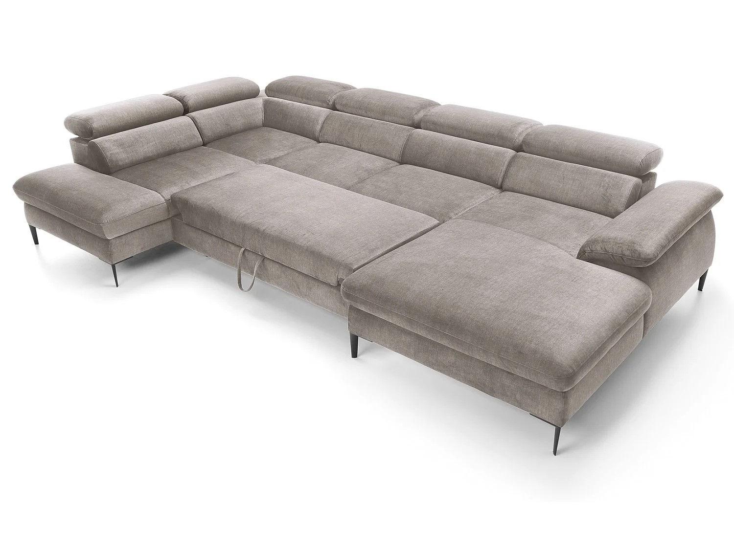 Canapé d'angle en U convertible 350 cm Amaro, tissu velours, têtières réglables - coffre, droite, Beige foncé