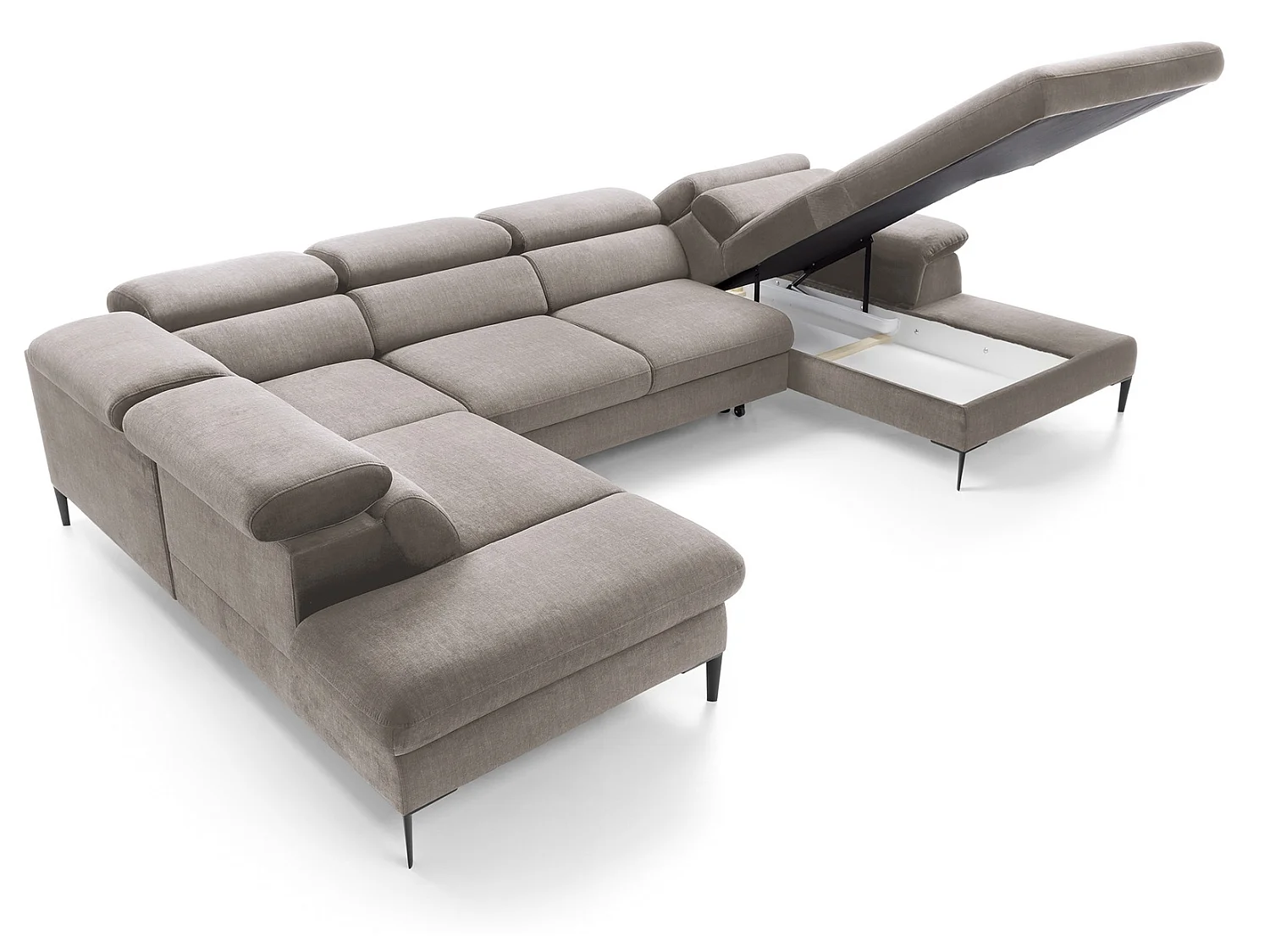 Canapé d'angle en U convertible 350 cm Amaro, tissu velours, têtières réglables - coffre, droite, Beige foncé