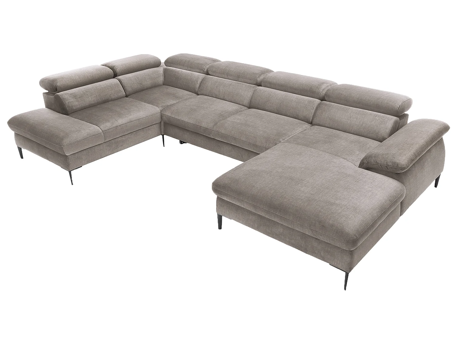Canapé d'angle en U convertible 350 cm Amaro, tissu velours, têtières réglables - coffre, droite, Beige foncé