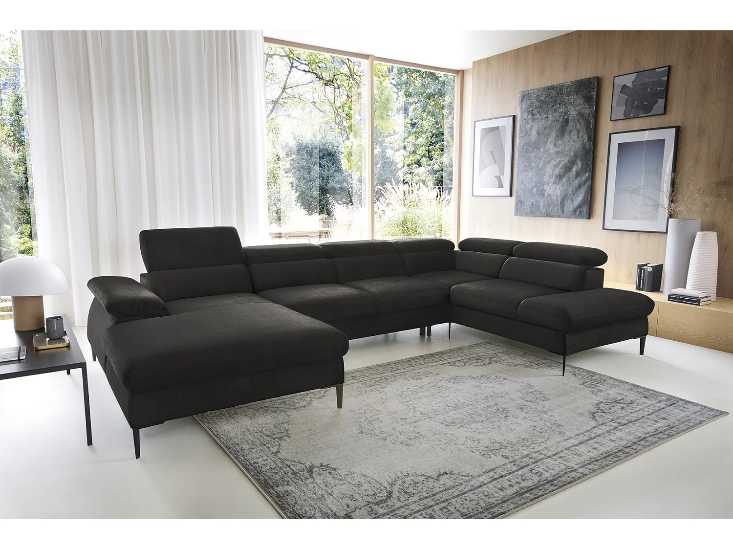 Canapé d'angle en U convertible 350 cm Amaro, tissu velours, têtières réglables - coffre, gauche, Noir