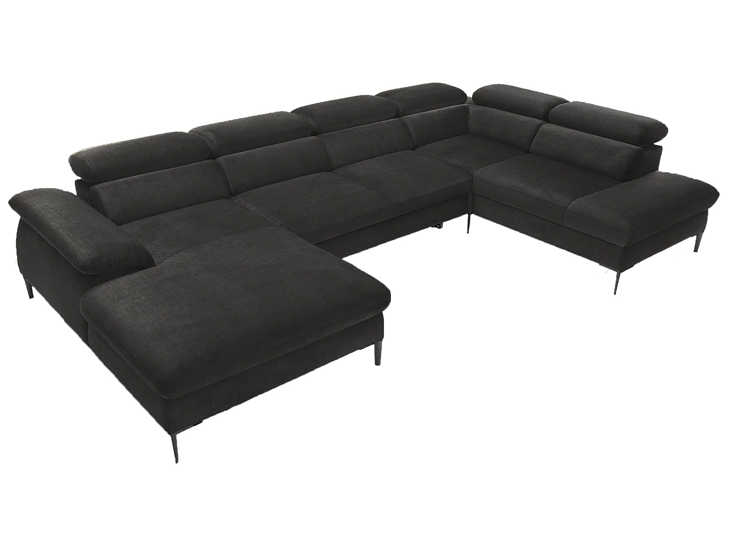 Canapé d'angle en U convertible 350 cm Amaro, tissu velours, têtières réglables - coffre, gauche, Noir