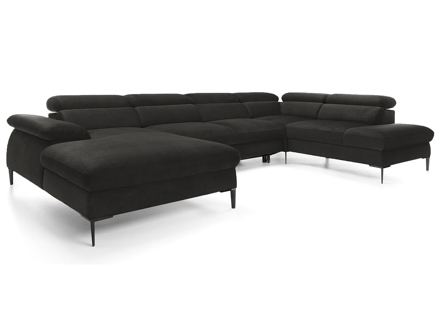 Canapé d'angle en U convertible 350 cm Amaro, tissu velours, têtières réglables - coffre, gauche, Noir