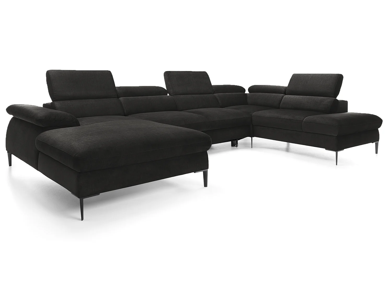 Canapé d'angle en U convertible 350 cm Amaro, tissu velours, têtières réglables - coffre, gauche, Noir
