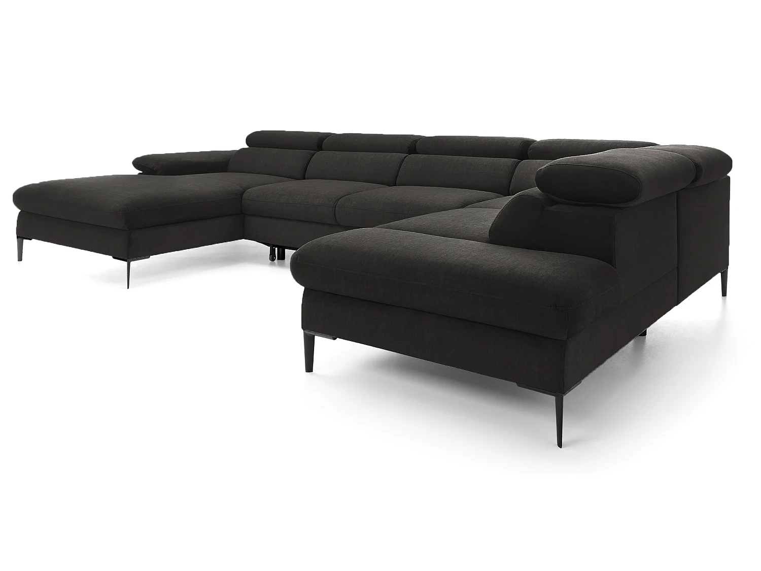 Canapé d'angle en U convertible 350 cm Amaro, tissu velours, têtières réglables - coffre, gauche, Noir