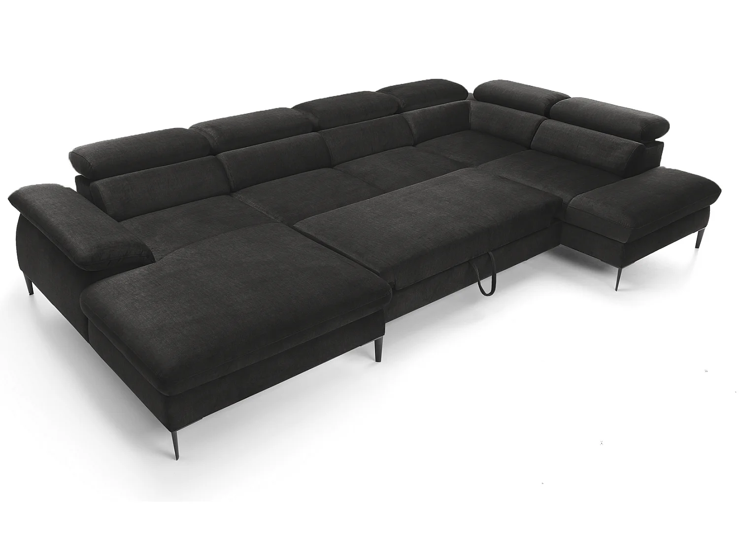 Canapé d'angle en U convertible 350 cm Amaro, tissu velours, têtières réglables - coffre, gauche, Noir