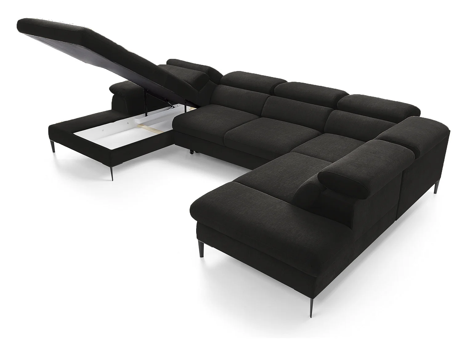 Canapé d'angle en U convertible 350 cm Amaro, tissu velours, têtières réglables - coffre, gauche, Noir