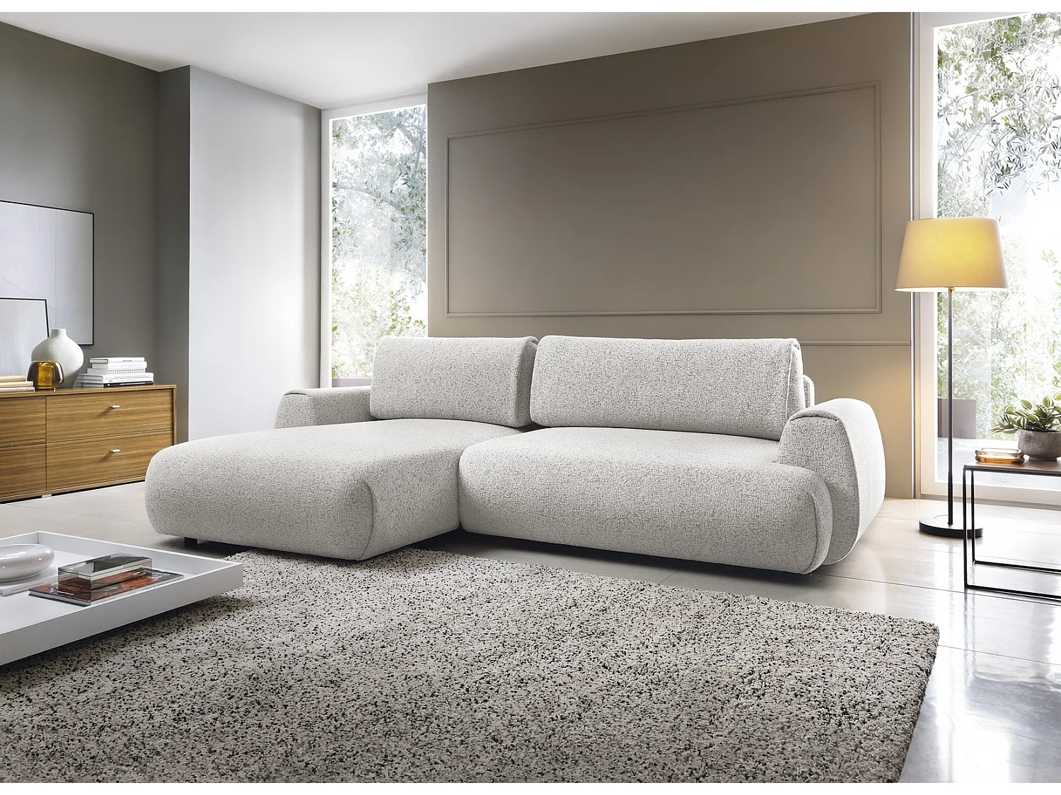 Hoekbank met opbergruimte 270 cm Ralto, moderne stijl, slaapfunctie, 5-zits, links, Lichtgrijs