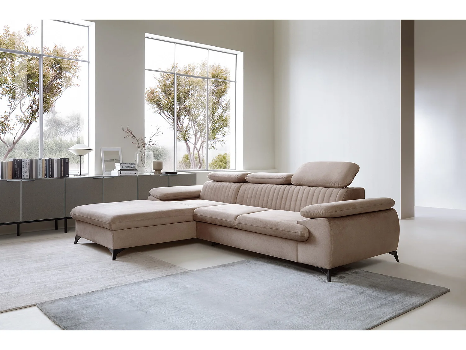 Hoekbank met verstelbare hoofdsteunen Xanto M, 280x193 cm, slaapfunctie en opbergruimte, links, Lichtbruin