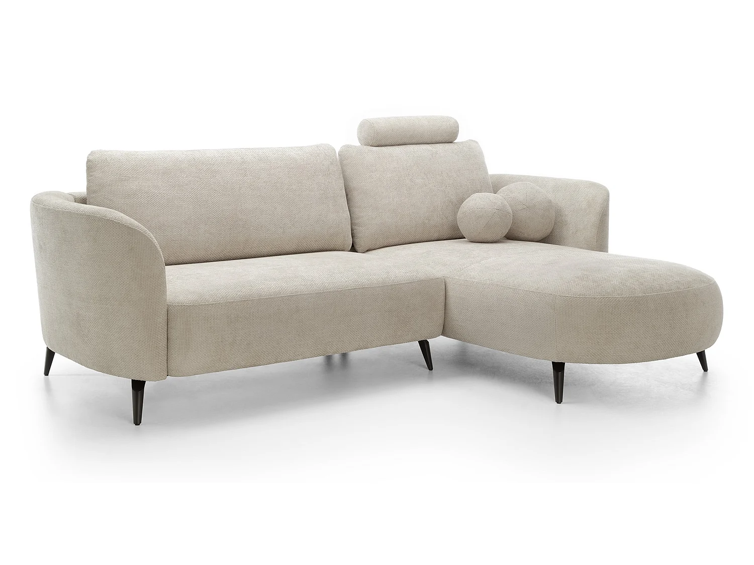 Canapé d'angle convertible 260 cm Kendra sur pieds de 15 cm, coffre de rangement, poufs boules, droite, Beige