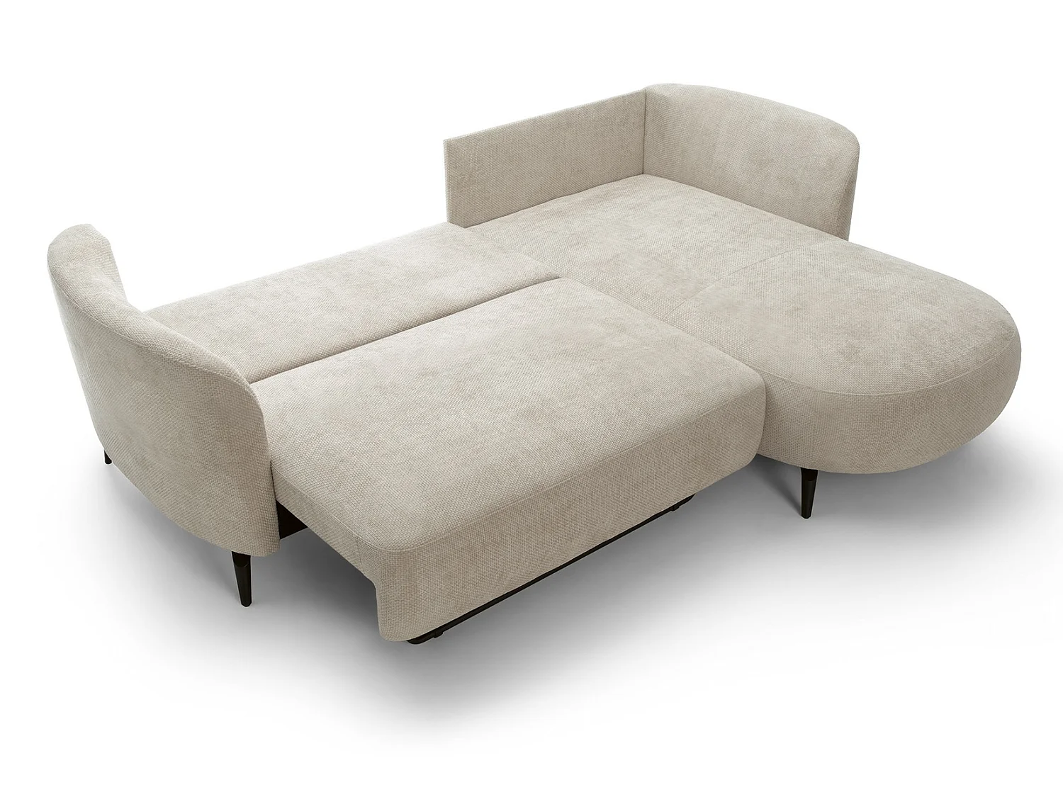 Canapé d'angle convertible 260 cm Kendra sur pieds de 15 cm, coffre de rangement, poufs boules, droite, Beige