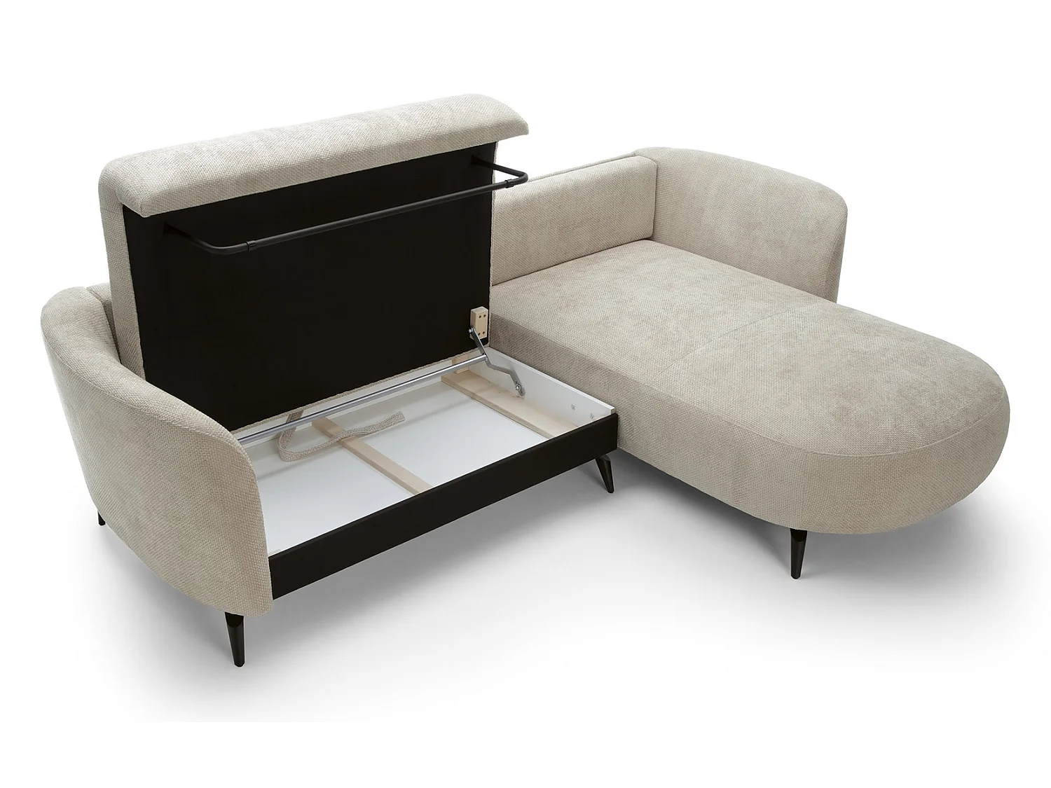 Canapé d'angle convertible 260 cm Kendra sur pieds de 15 cm, coffre de rangement, poufs boules, droite, Beige