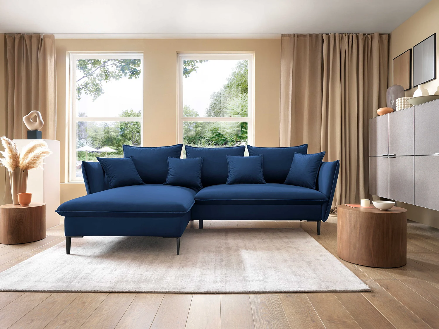 Hoekbank met slaapfunctie 260 cm Flavio, op hoge poten, fluweelzachte stof, opbergruimte, links, Blauw