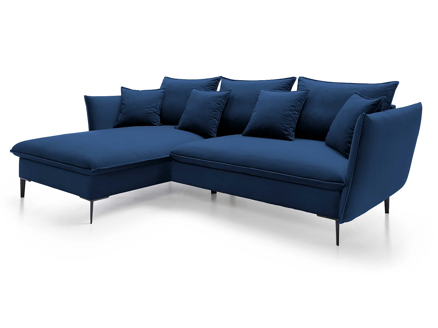 Hoekbank met slaapfunctie 260 cm Flavio, op hoge poten, fluweelzachte stof, opbergruimte, links, Blauw