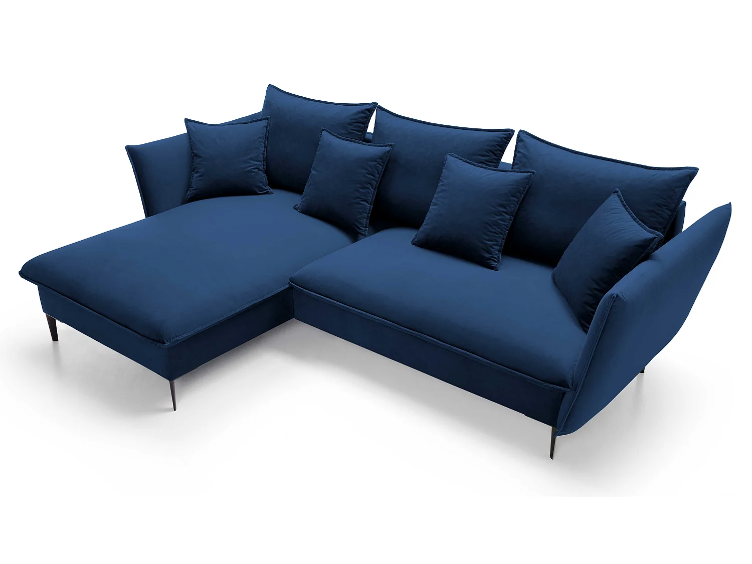 Hoekbank met slaapfunctie 260 cm Flavio, op hoge poten, fluweelzachte stof, opbergruimte, links, Blauw