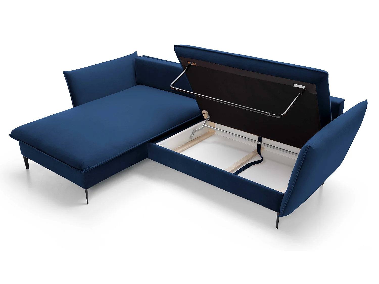 Hoekbank met slaapfunctie 260 cm Flavio, op hoge poten, fluweelzachte stof, opbergruimte, links, Blauw