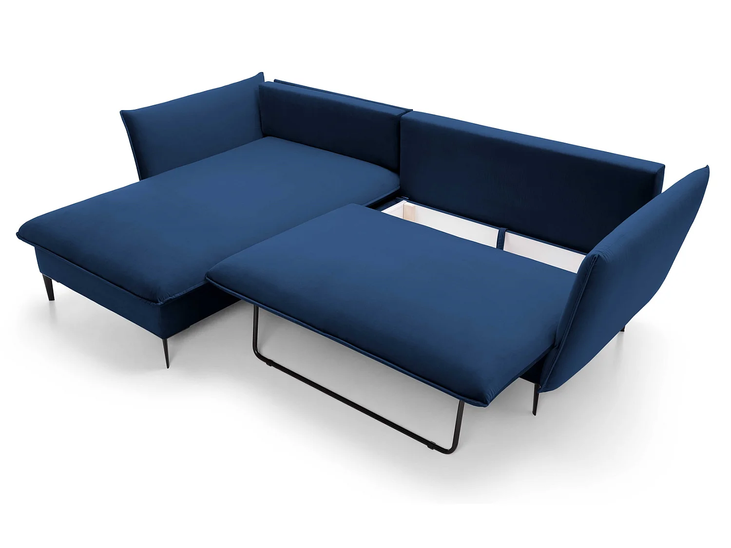 Hoekbank met slaapfunctie 260 cm Flavio, op hoge poten, fluweelzachte stof, opbergruimte, links, Blauw