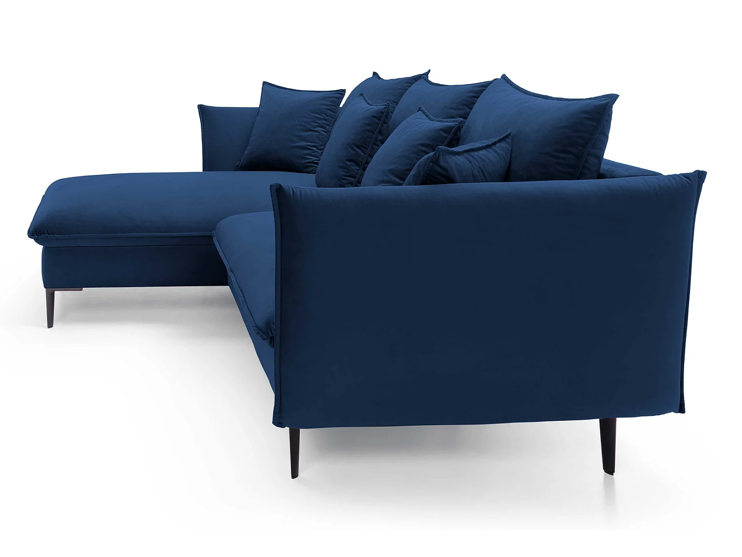 Hoekbank met slaapfunctie 260 cm Flavio, op hoge poten, fluweelzachte stof, opbergruimte, links, Blauw