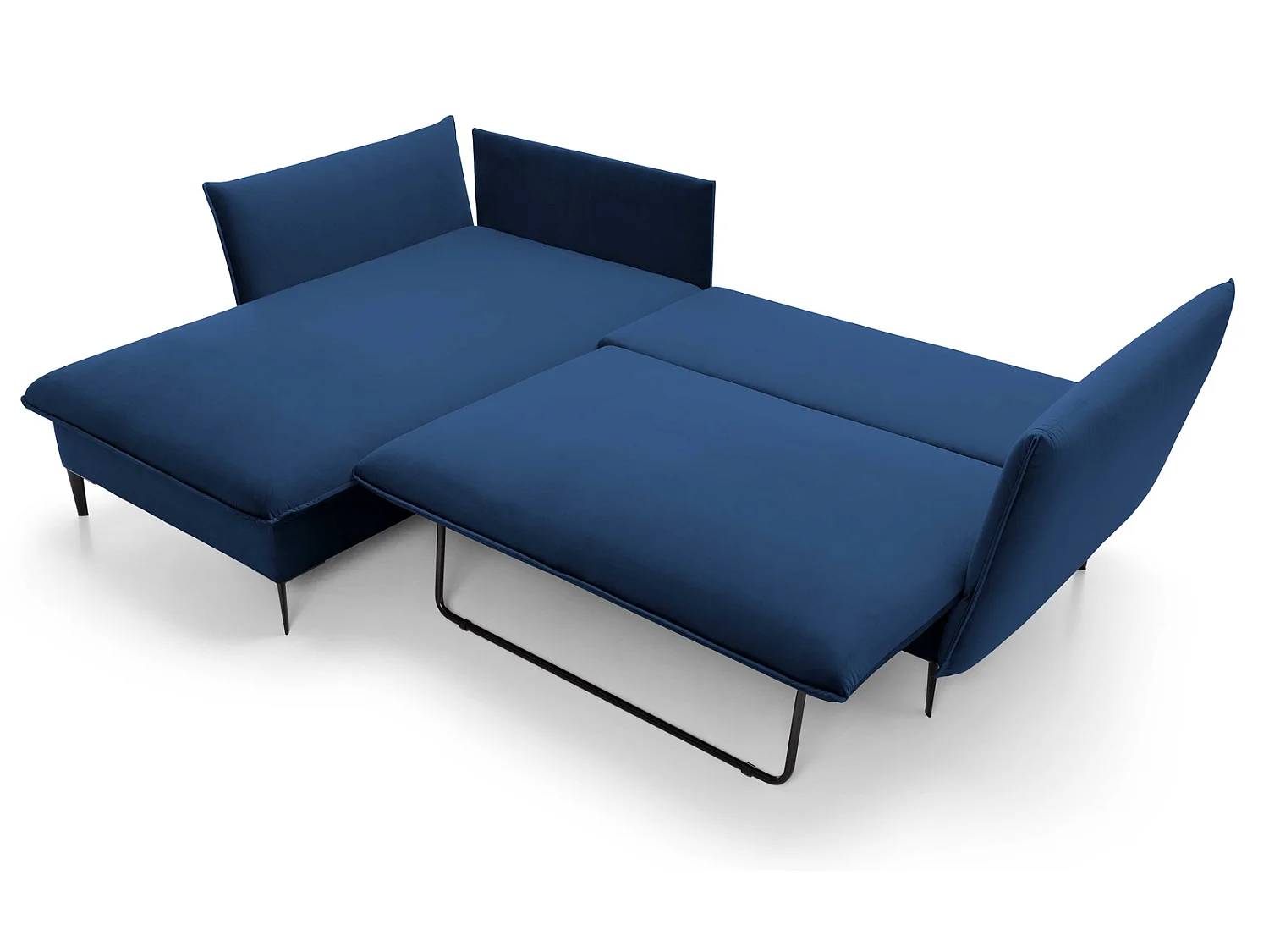 Hoekbank met slaapfunctie 260 cm Flavio, op hoge poten, fluweelzachte stof, opbergruimte, links, Blauw