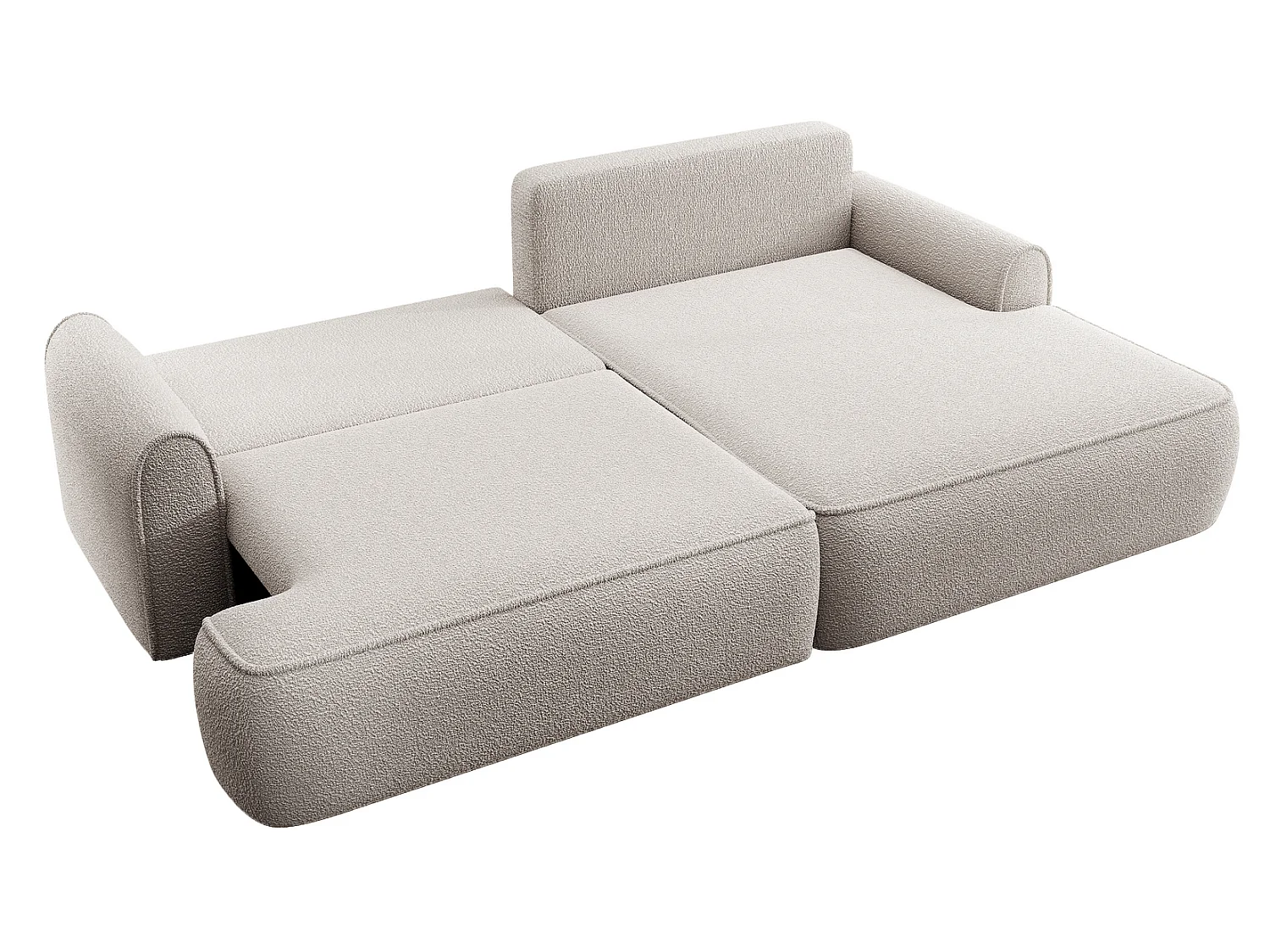 Hoekbank 250 cm Mareno in bouclé stof, moderne stijl, slaapfunctie en opbergruimte, rechterhoek, Lichtgrijs