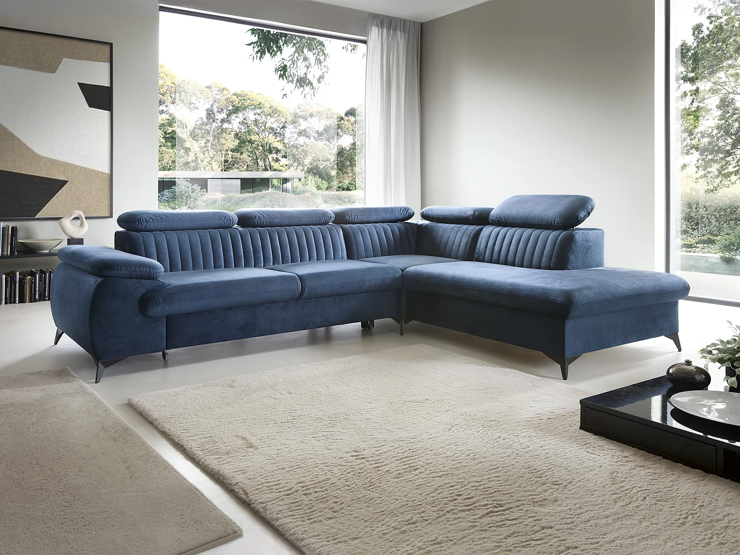 Hoekbank 275x221 cm Xanto L, verstelbare hoofdsteunen, slaapfunctie en opbergruimte, rechts, Blauw