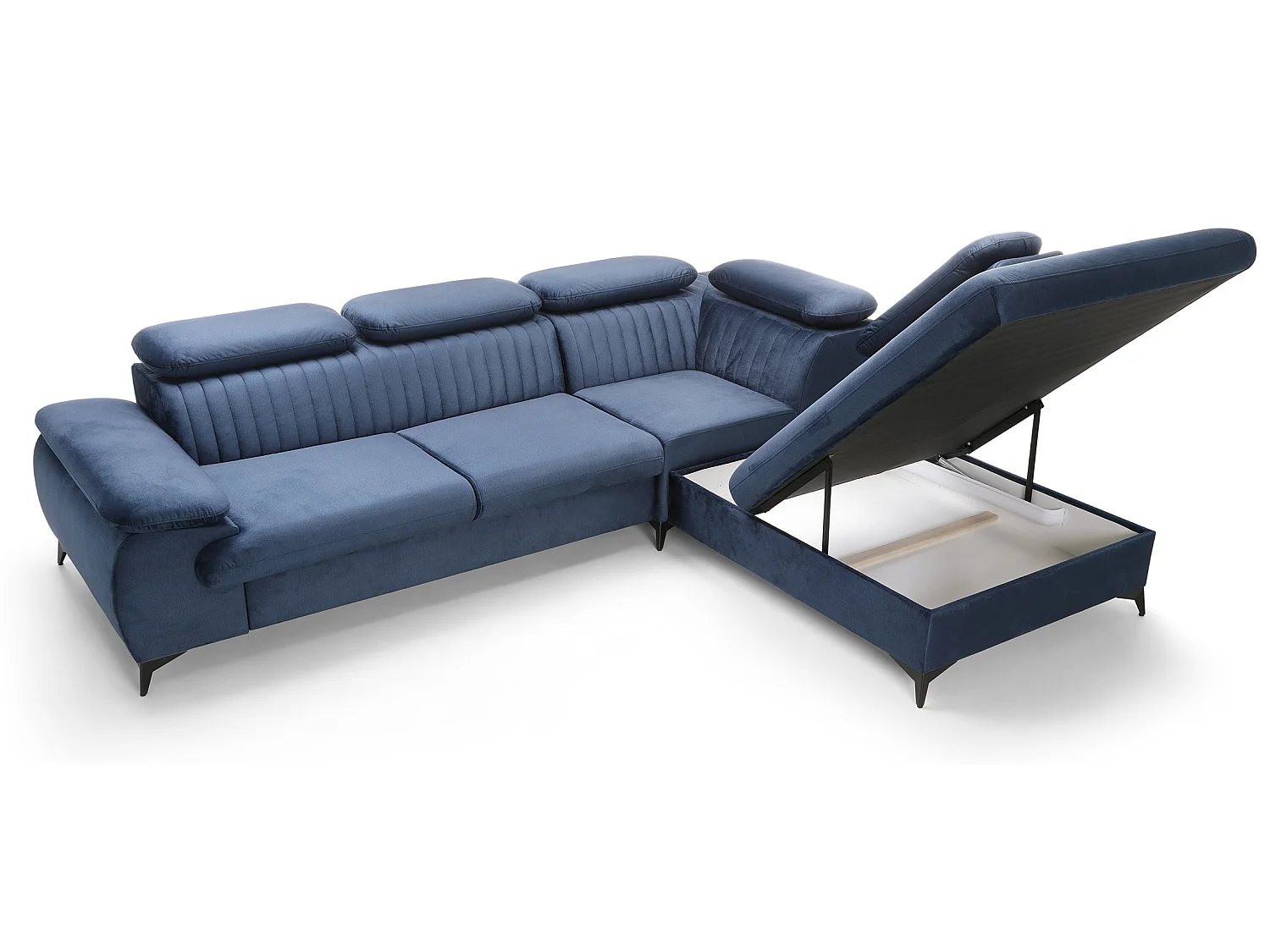 Hoekbank 275x221 cm Xanto L, verstelbare hoofdsteunen, slaapfunctie en opbergruimte, rechts, Blauw