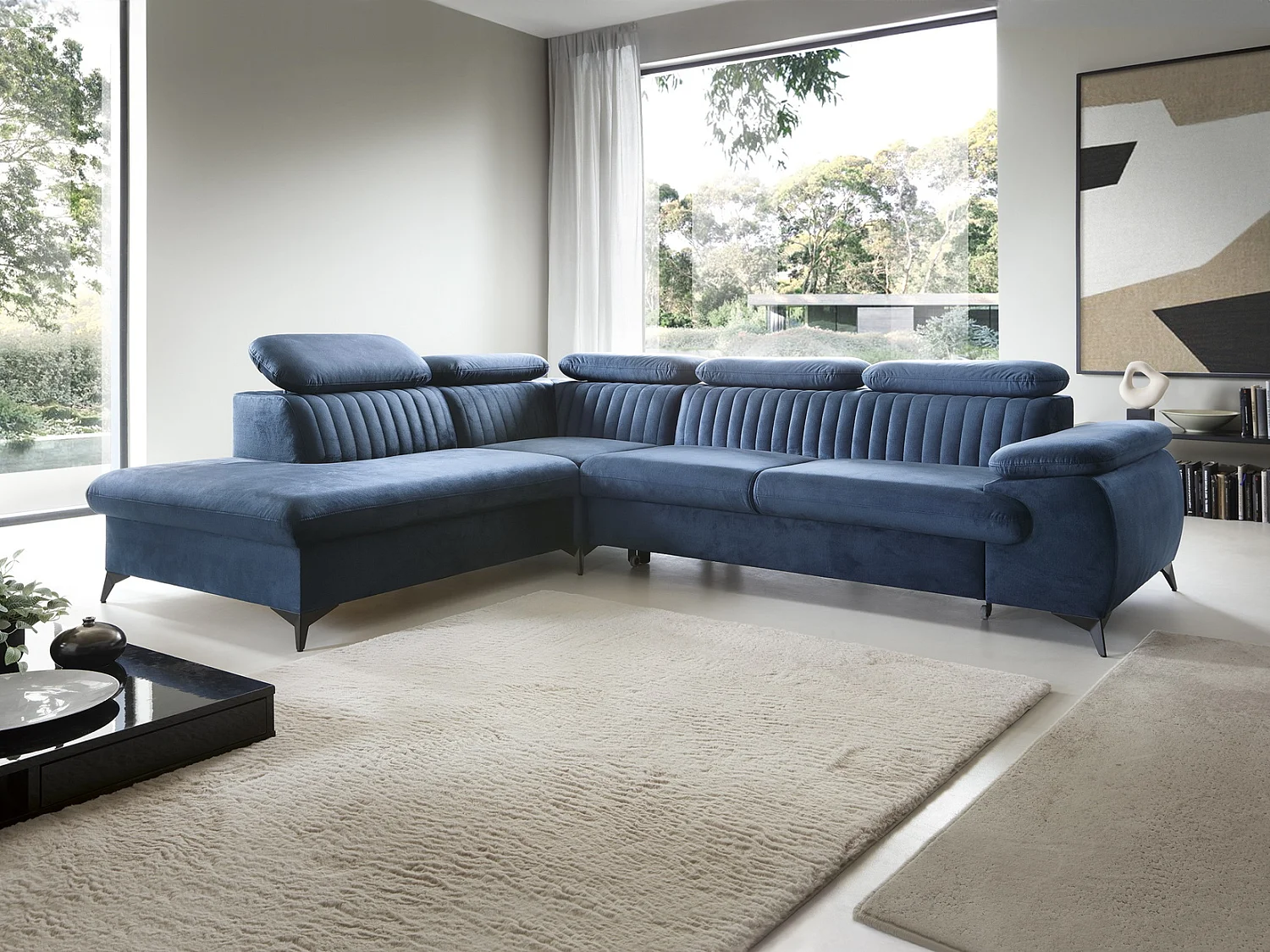 Canapé d'angle convertible Xanto L, 275x221 cm, têtières réglables, coffre de rangement, gauche, Bleu
