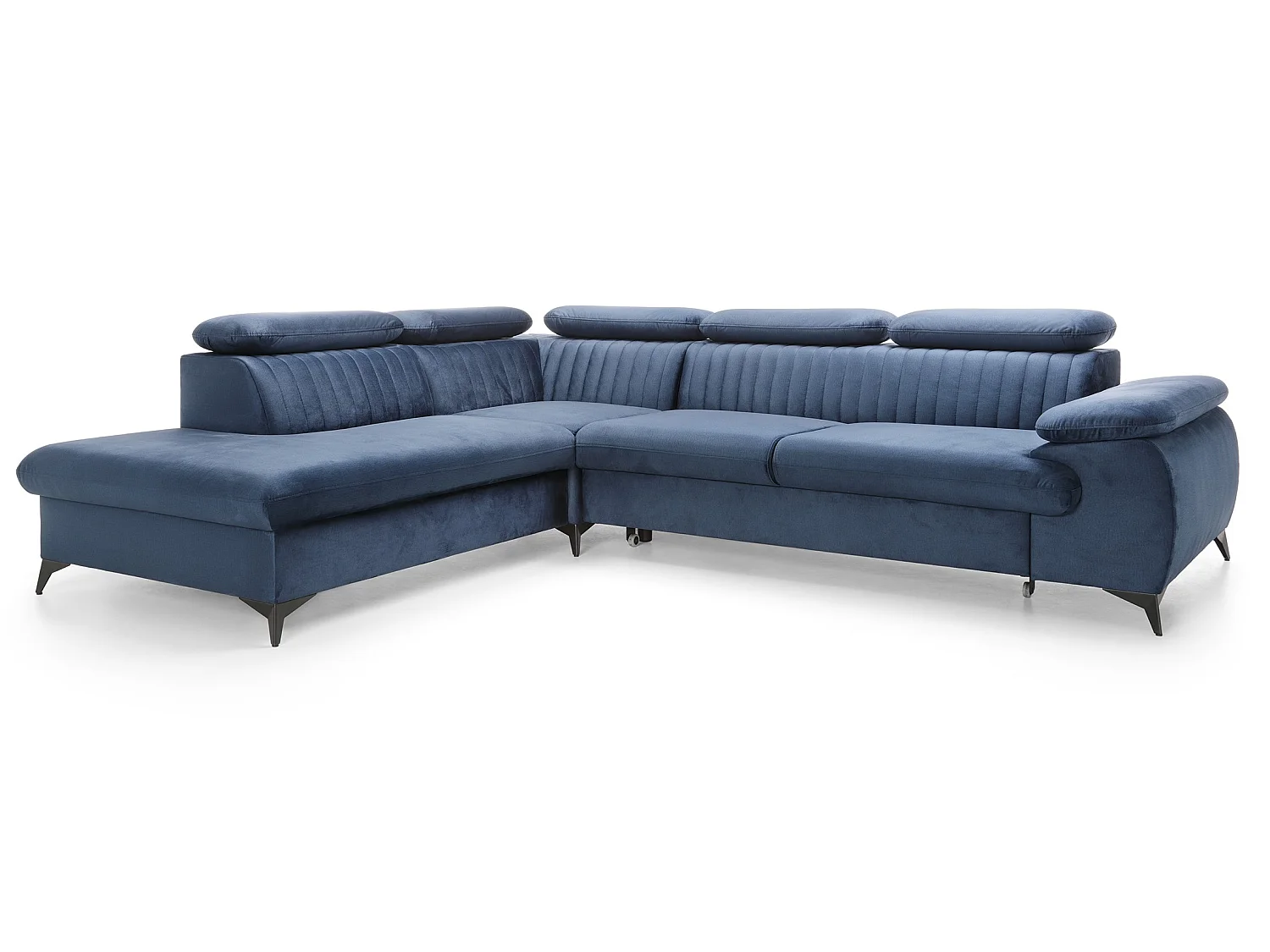 Canapé d'angle convertible Xanto L, 275x221 cm, têtières réglables, coffre de rangement, gauche, Bleu