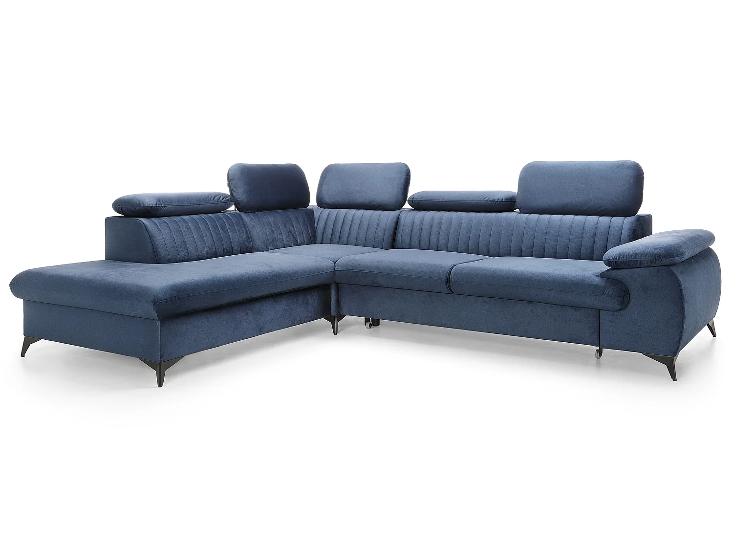 Canapé d'angle convertible Xanto L, 275x221 cm, têtières réglables, coffre de rangement, gauche, Bleu