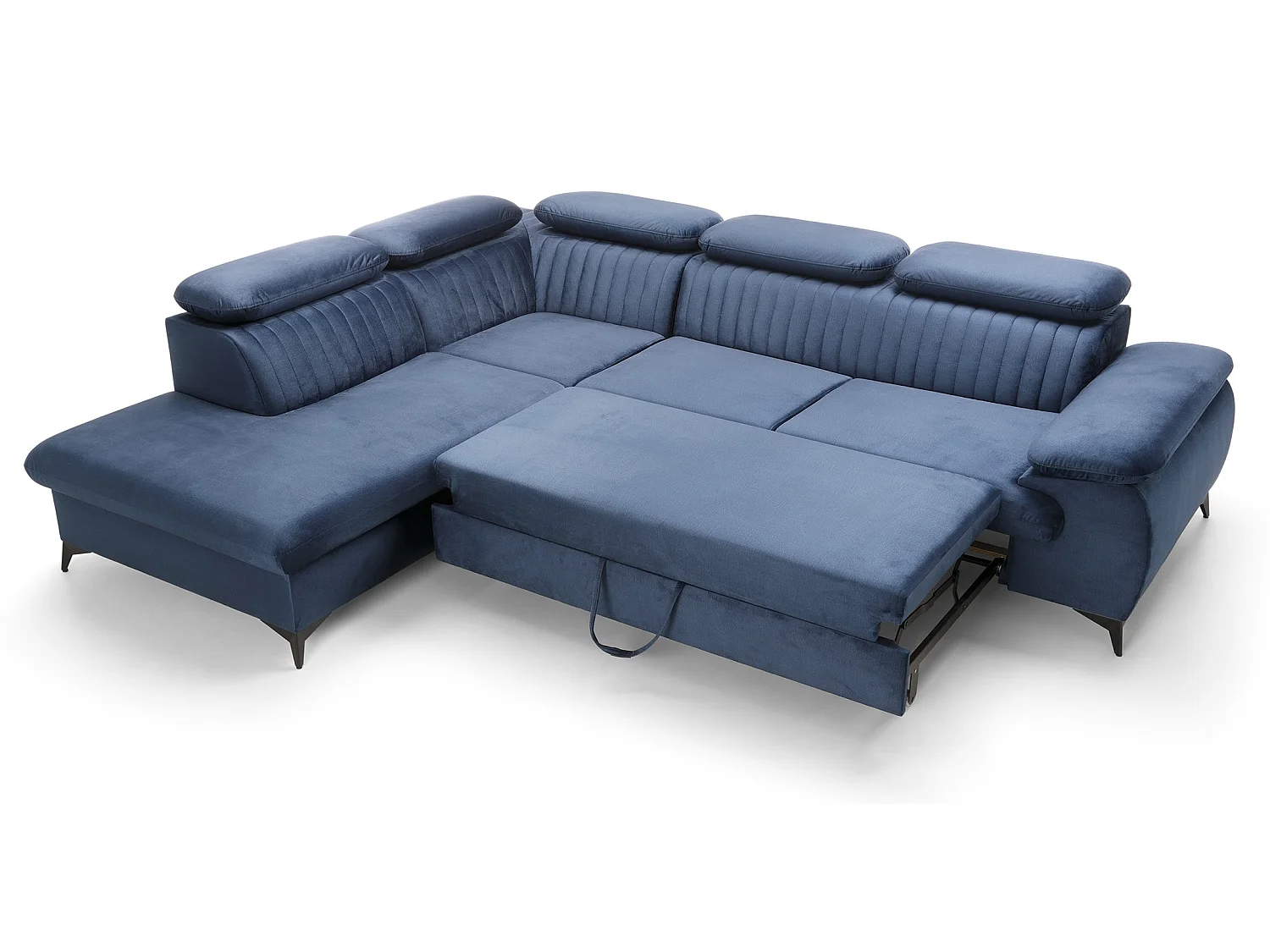 Canapé d'angle convertible Xanto L, 275x221 cm, têtières réglables, coffre de rangement, gauche, Bleu